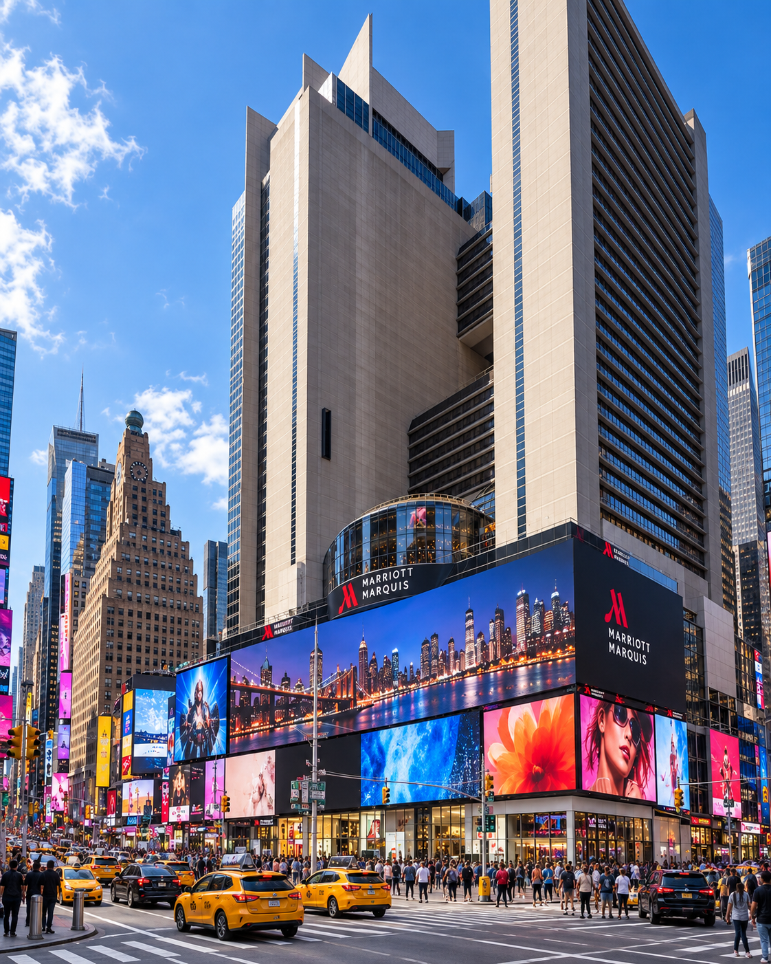 The Marriott Marquis above Times Square with bright billboards and yellow taxis